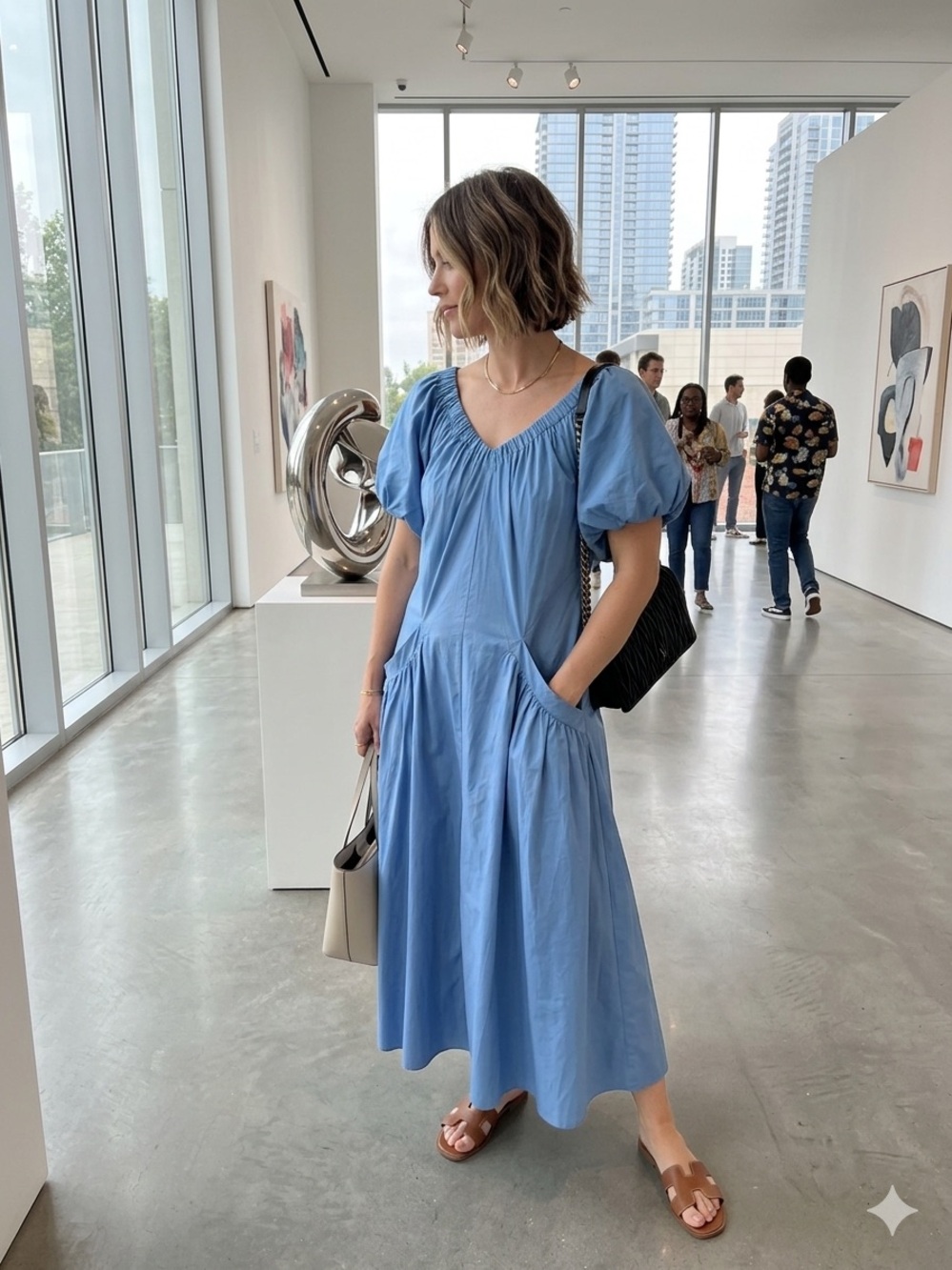 Sky Blue Puff-Sleeve Midi Dress with Gathered V-Neck